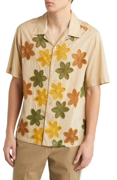 Nn07 Julio 5452 Open Stitch Floral Inset Short Sleeve Button-up Camp Shirt In Creme