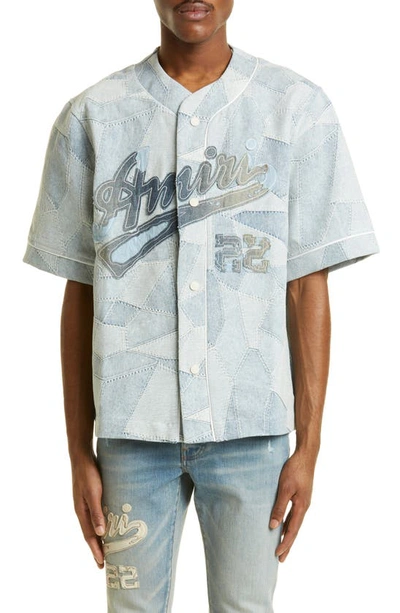 Amiri Patchwork Baseball Shirt In Stone Indi