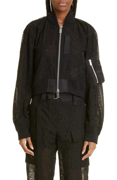Sacai Logo Lace Crop Bomber Jacket In Black