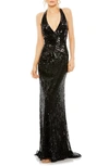 Mac Duggal Sleeveless Faux Wrap Sequin Embelished Cut Out Bac In Black