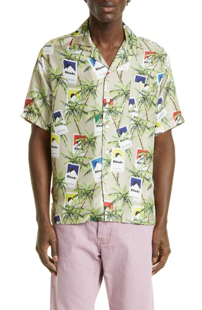 Rhude Palm Tree & Cigarette Print Silk Button-up Camp Shirt In Beige