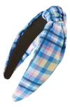 Kate Spade Garden Plaid Knot Silk Headband In Sapphire Haze