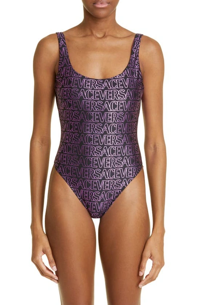 Versace All-over Logo-print Swimsuit In Black