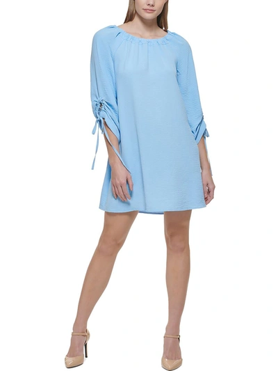 Calvin Klein Womens Ruched Tie Sleeve Mini Dress In Blue