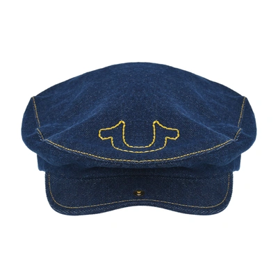 Concept One True Religion Flat Cap, Cotton Breathable Driving Newsboy Hat With Horseshoe Stitched Logo, Denim In Blue