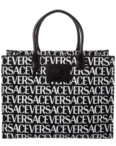 Versace Black Leather And White Canvas Tote Bag