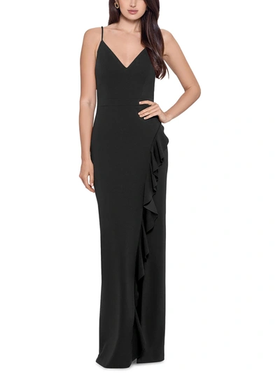 Xscape Womens Knit Cascade Ruffle Evening Dress In Black