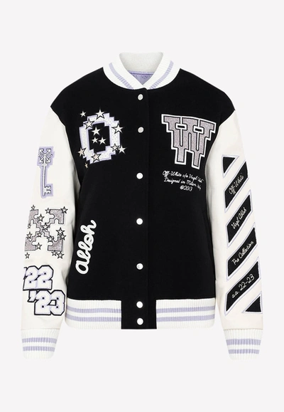 OFF-WHITE EMBROIDERED PATCHES VARSITY JACKET,OWEH020S23FAB001-1036 BLACK LILAC