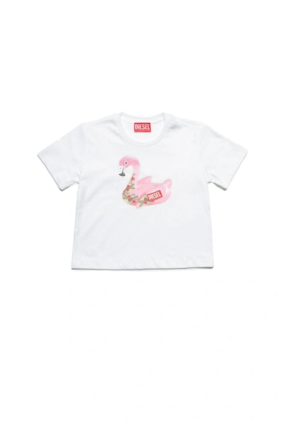 Diesel Kids' Jersey T-shirt With Pink Flamingo Print In White