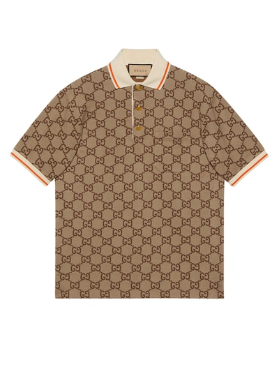 Gucci Gg Cotton Silk Polo Shirt In Beige,ebony