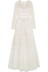 NEEDLE & THREAD ROSETTE EMBELLISHED EMBROIDERED TULLE GOWN