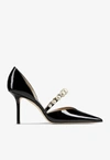 JIMMY CHOO AURELIE 85 PEARL EMBELLISHED PUMPS IN PATENT LEATHER,AURELIE 85 XKM BLACK/WHITE