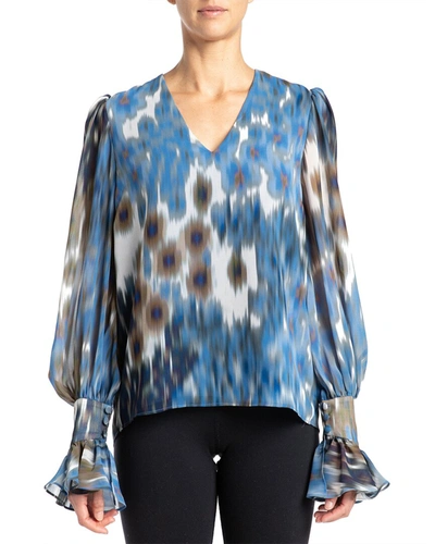 Santorelli Alexia Abstract-print Blouson-sleeve Blouse In Blue