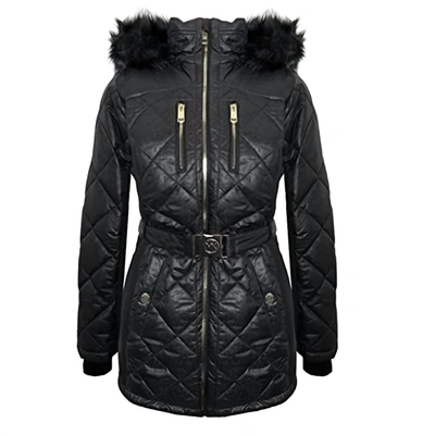 Michael Kors Women's Scuba Stretch Belted Faux Fur Hood Quilted Coat In Black