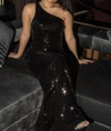 Faviana Sequin One Shoulder Evening Gown In Black