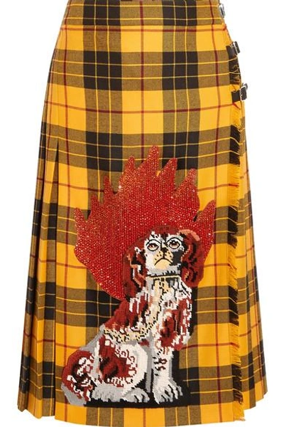 Gucci Dog Embroidered Plaid Wool Skirt In Yellow-red