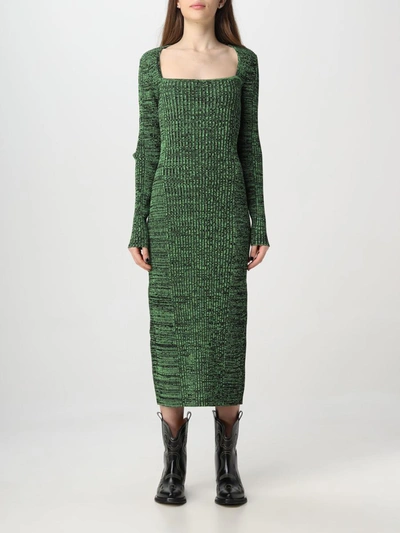Ganni Ribbed Square-neck Midi Dress In Green