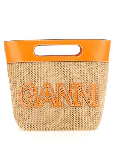 Ganni Kraft Raffia Small Tote Bag In Orange