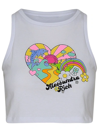 Alessandra Rich Cotton Top With Frontal Logo And Print In White