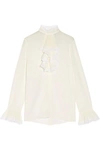 GUCCI Ruffled lace-trimmed silk-georgette blouse