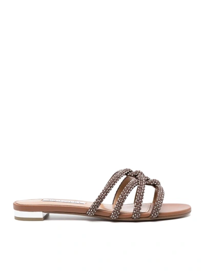 Aquazzura Crystal-embellished Flat Sandals In Brown