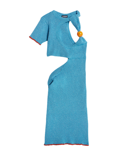 Jacquemus Short Asymmetrical Beaded Dress Blue La Robe Brilho