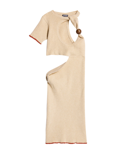 Jacquemus Short Asymmetrical Beaded Dress Beige La Dressing Gown Brilho In White