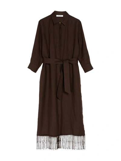 Max Mara Lignano Fringed Linen Midi Dress In Brown