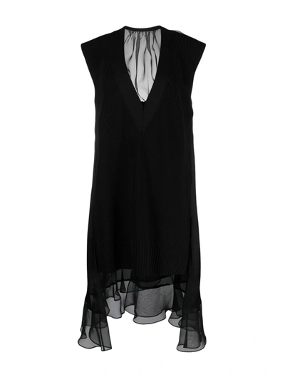 Sacai Ribbed Cotton-blend, Chiffon, Satin And Tulle Midi Dress In Black