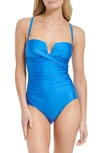 Calvin Klein Women's Shirred Tummy-control Split-cup Bandeau One-piece Swimsuit In Palace Blue Shimmer