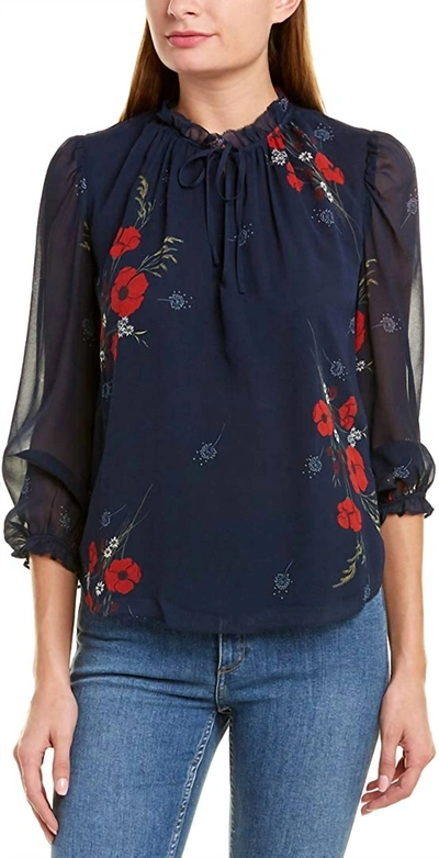 Joie Rafaella Ruffle Trim Self Tie Neckline Silk Blouse In Midnight In Blue