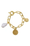 ADORNIA 14K GOLD PLATE IMITATION PEARL & COIN CHAIN BRACELET