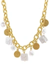 Adornia 14k Gold Plated Oval Link Chain With Hammered Coin And Multishape Pearl Charms Necklace In White