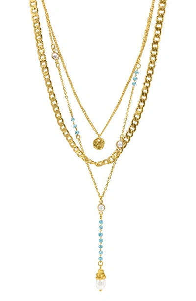 Adornia 17-19" Adjustable 14k Gold Plated Turquoise Beaded Layered Freshwater Pearl Necklace
