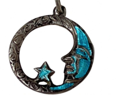 Marketplace 60s Man In The Moon Blue Enameled Silver Pendant
