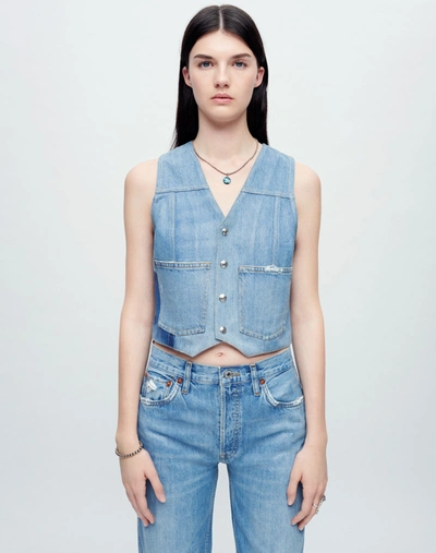 Re/done Coated Denim Waistcoat In Worn Blue With Foil