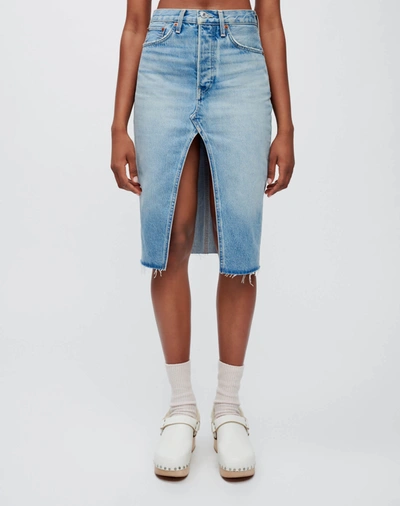 Re/done Distressed Organic Denim Midi Skirt In Opal Indigo