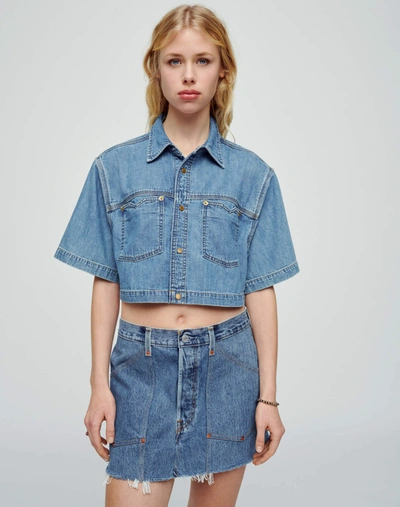 Re/done Cropped Denim Shirt In Stoned Ciel