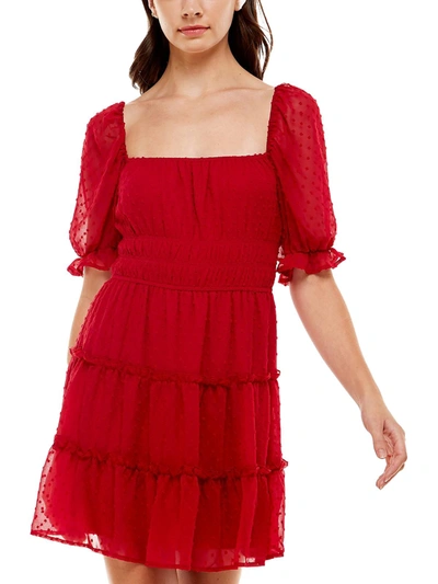 Trixxi Juniors' Ruched-waist Tiered Chiffon Fit & Flare Dress In Red