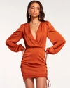 Ramy Brook Foxy Side Ruched Long Sleeve Satin Dress In Cinnamon