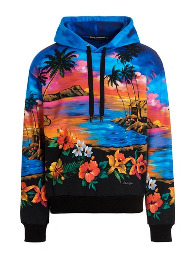 Dolce & Gabbana Multicolor Print Hooded Windbreaker Jacket In Blue