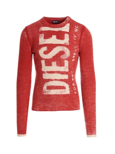 Diesel Wool Jumper With Bleeding-effect Logo In Rosso