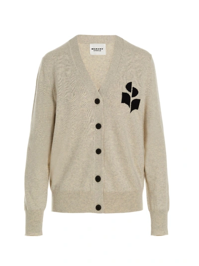 Marant Etoile Beige Cardigan With Contrasting Logo Detail At The Front In Cotton And Wool Blend Woman In Grey