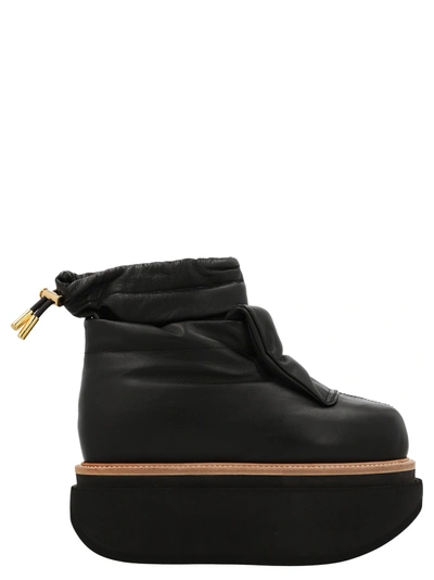 Sacai Puffy Leather Ankle Boots In Black