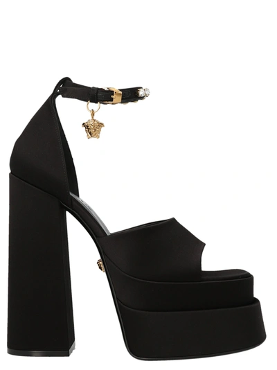 Versace Medusa Aevitas Embellished Satin Platform Sandals In Black