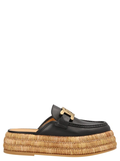 Tod's Kate Raffia Platform Mules In Black