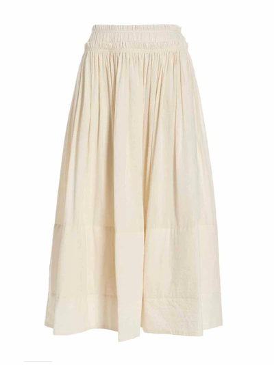 Tory Burch Ruched Linen-blend Midi Skirt In Blanco