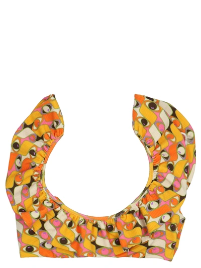 La Doublej Ruffled Printed Bikini Top In Yellow