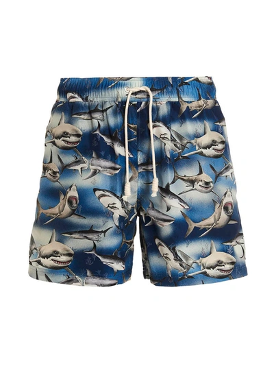 Palm Angels Man Printed Polyester Sharks Swimming Shorts In Multicolor