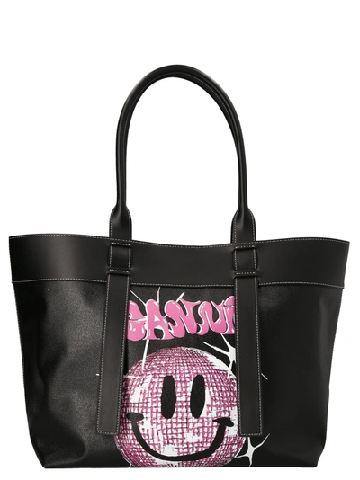 Ganni Smiley-print Tote Bag In Black